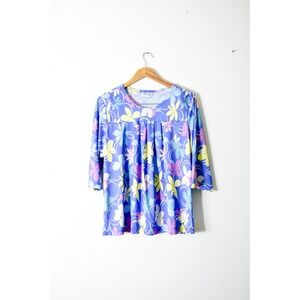Blair Floral Blouse Womens XLG Blue Yellow Modern Pleated Yoke 3/4 Sleeve Top